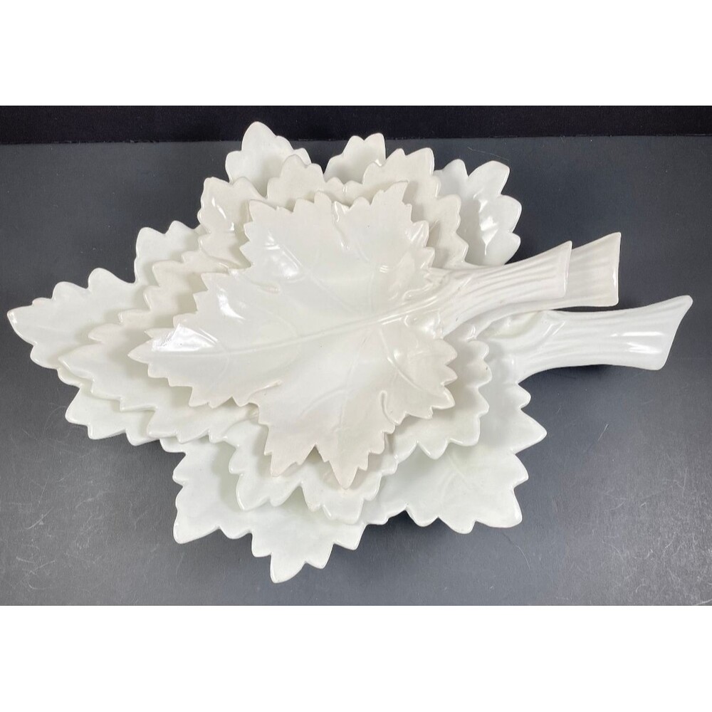 White Art Pottery Ceramic Leaf Serving Dish Decor Set of 3 Italy Hand Made